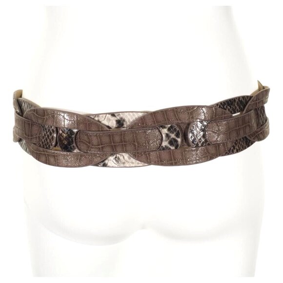 Chicos Brown Croc Embossed Leather Belt With Snake Print Accents Medium - Picture 2 of 7